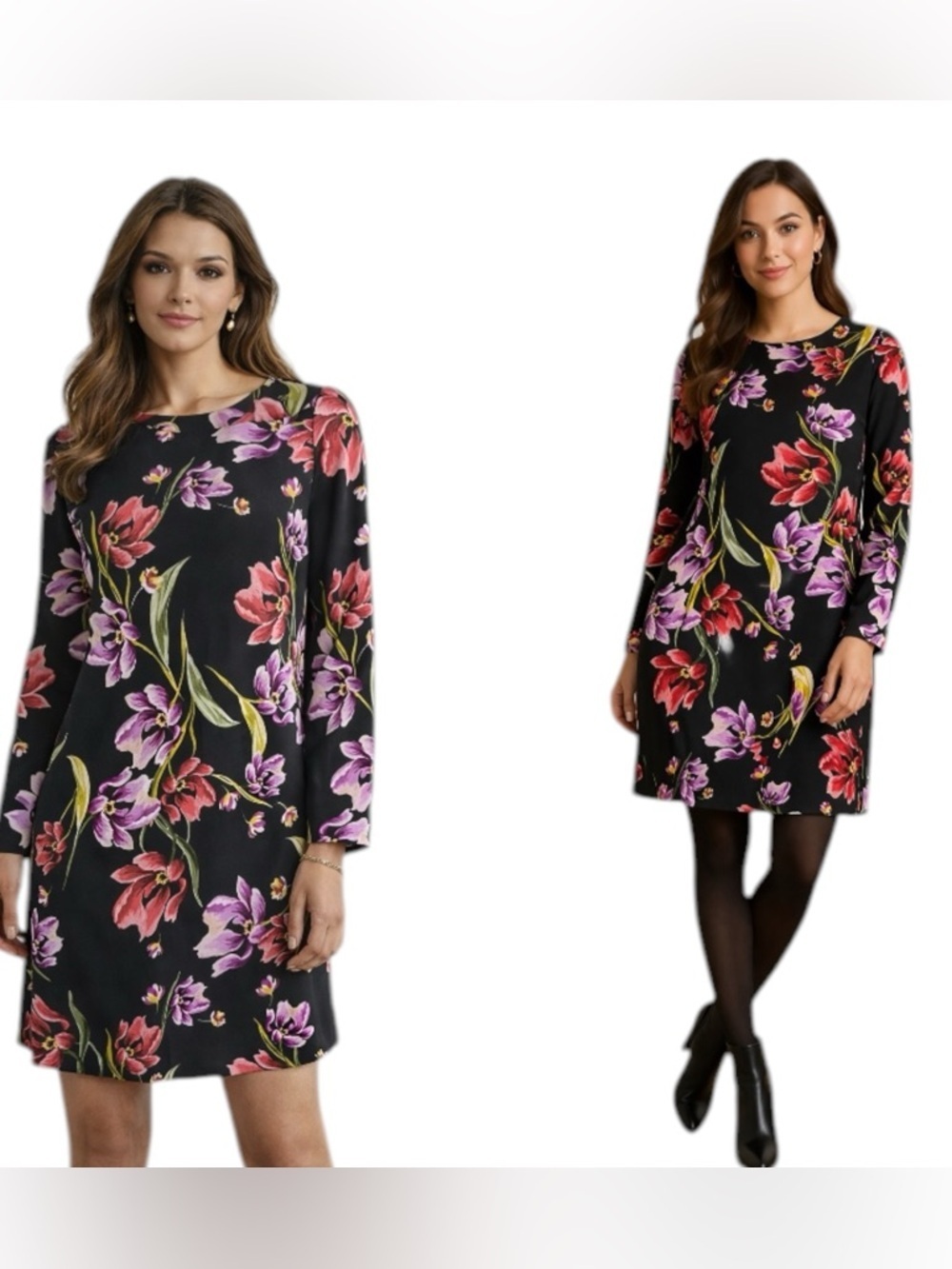 M&S Collection Black Floral Long Sleeve Shift Dress Size 12 Petite